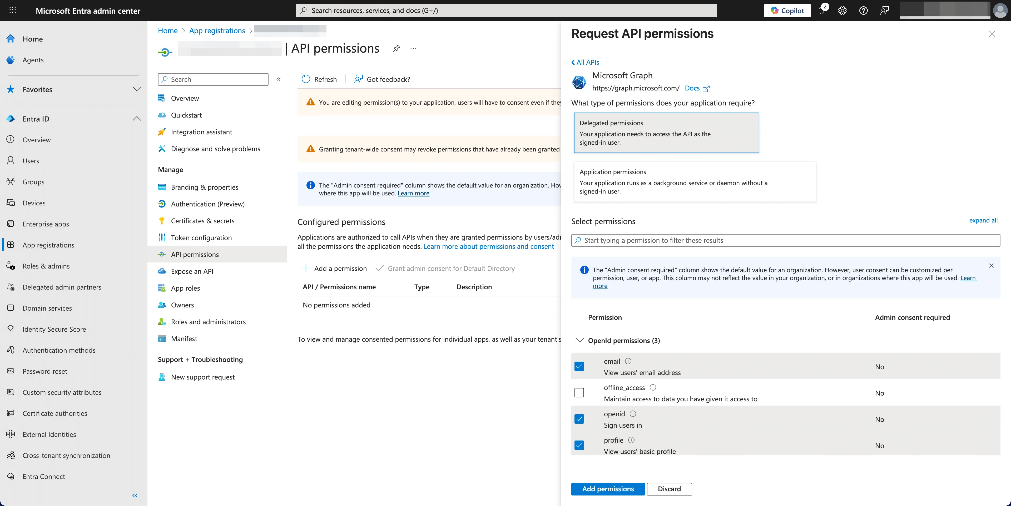 添加 Microsoft API 权限